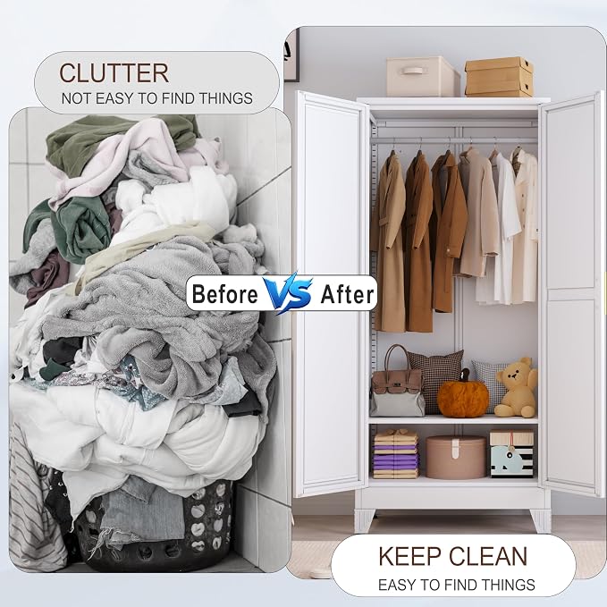 71" Metal Armoire Wardrobe Closet, Steel Clothing Storage Cabinet with Mirror and Adjustable Shelves, Household Steel Wardrobes Storage Cabinet with Adjustable Standing Feet and Hanging Rod(White)