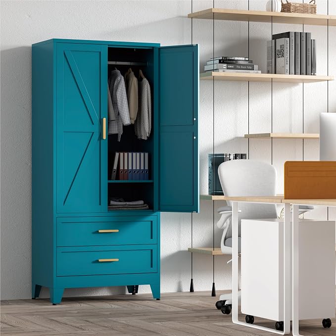 Washsemba 71'' Farmhouse Metal Wardrobe Cabinet with Hanging Rod, 2 Barn Door Wardrobe Closet with Adjustable Shelves,2 Drawer,for Dining Room,Bedroom,Living Room, Cloak Room,Office (Peacock Blue)