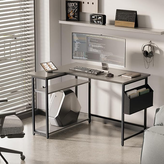 Pamray 40 Inch L Shaped Computer Desk with Reversible Side Storage Shelves, Small Corner Desk for Small Space Home Office, Writing Study Table PC Desk for Bedroom, Grey