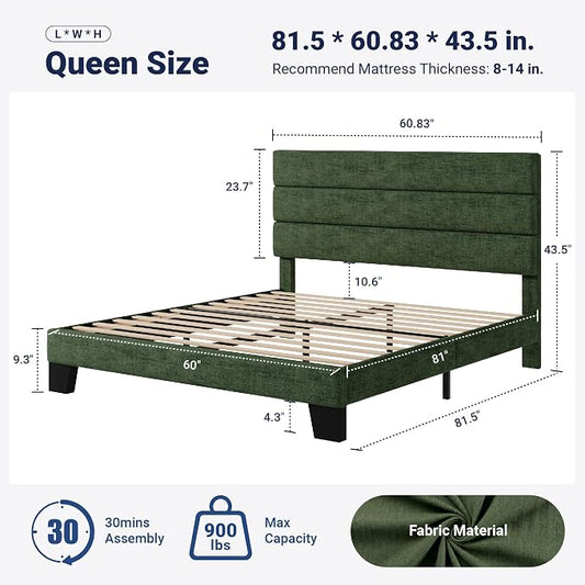 Allewie Queen Size Platform Bed Frame with Fabric Upholstered Headboard and Wooden Slats Support, Fully Upholstered Mattress Foundation/No Box Spring Needed/Easy Assembly, Green