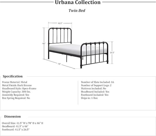Lexicon Twin Metal Bed Frame, Platform Bed with Strong Metal Slat Support Under Bed Storage, Twin Bed Frame with Headboard, No Box Spring Needed, Easy Assembly, Twin, Dark Bronze