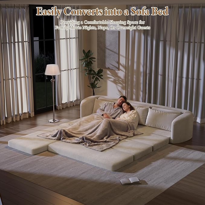 Vesgantti 110.2" Modular Sectional Boneless Couch with Curved Armrest, 6 in 1 Convertible Folding Sleeper Sofa Bed, Chenille Sofas for Living Room, No Assembly Required, Beige, Left Facing Chaise