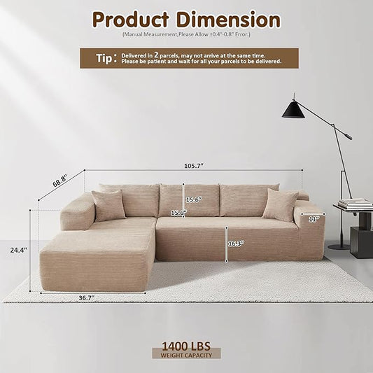 ovios 104" Cloud Boneless Couch with L-Shape Chaise,Modern Sectional Modular Sofa with Deep Seat, Upholstered Couches for Living Room Bedroom,No Assembly Required, Camel (Corduroy Fabric)