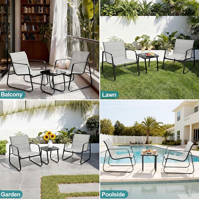 DUMOS 3 Piece Patio Furniture Set, Outdoor Patio Furniture Set with Table and Chairs, Sectional Bistro Sets for Lawn, Garden, Balcony, Pool, Poolside Gray