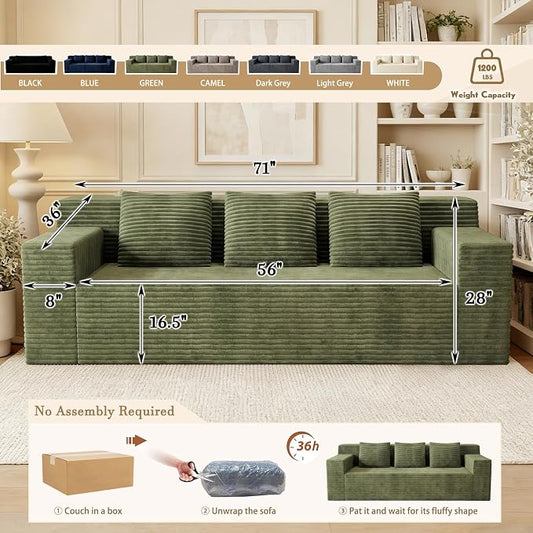 Kurhwyss 71" Corduroy Living Room Sofa, 3 Setaser Deep Seat Couch with 3 Lumbar Pillows, Comfy Boneless Sofa Modern Compressed Couch for Bedroom, Office, Apartment, No Assembly, Flat Armrests (Green)