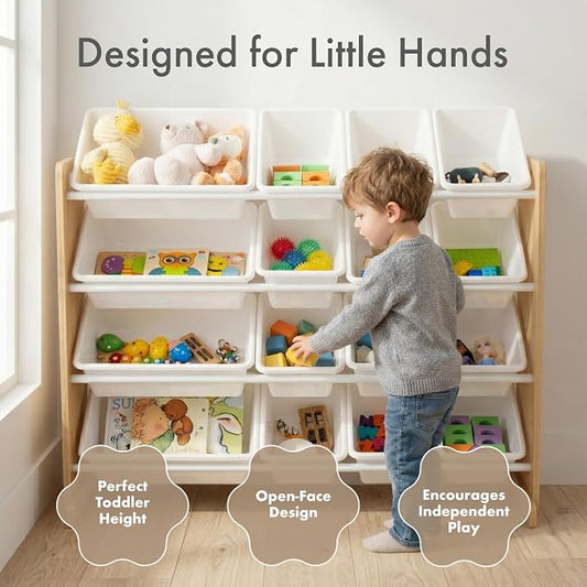 Humble Crew Toy Storage Organizer with 16 Removable Storage Bins for Kids Playroom, 4-Tier Toddler Toy Organization and Storage, Natural Wood/White