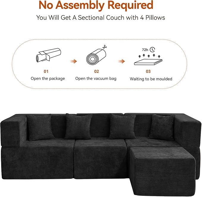 MONVANE 103'' Modular Sectional Sofa, Comfy Chenille Cloud Couch with Ottoman, Modern Convertible L Shaped Couch with Deep Seat, Sectional Couches for Living Room, Bedroom and Apartment, Black
