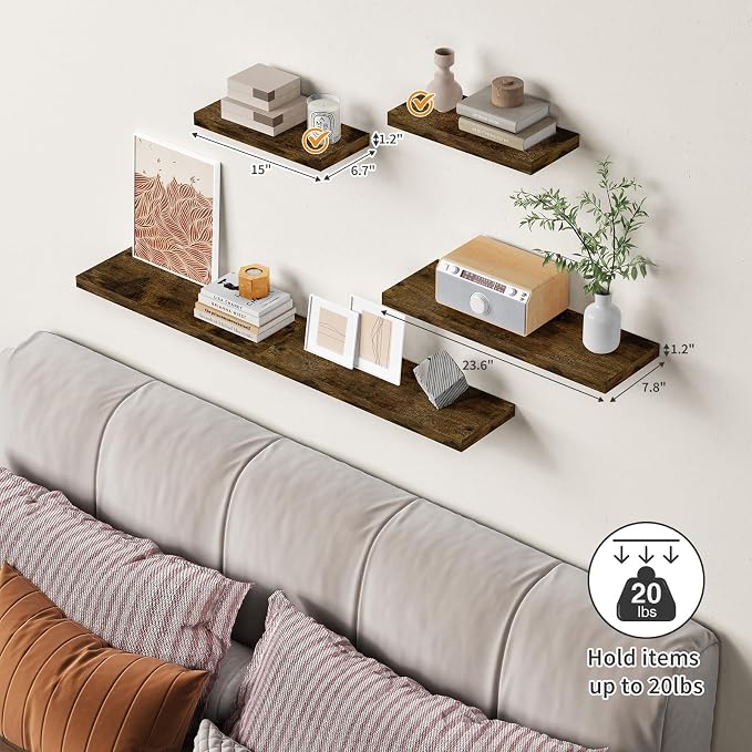 Forbena Rustic Wood Floating Shelves for Wall Set of 3, 24 Inches Long Wooden Hanging Shelves for Bedroom Books, Large Wall Mounted Shelves for Kitchen, Living Room, Closet Storage(Dark Brown)