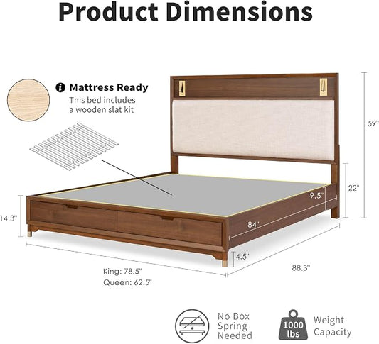 Furniture of America Forma Modern Solid Wood 4-Piece Bedroom Set with Storage Bed with LED Lights, Ball-Bearing Glide on Nightstand and Dresser with Mirror, No Box Spring Needed, King, Walnut