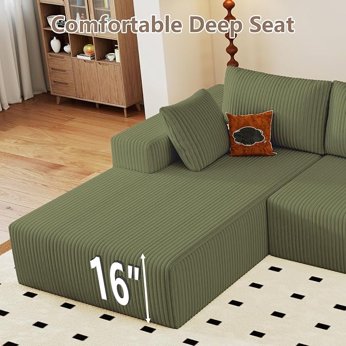 95" Cloud Sectional Couch U-Shaped Chaise with Ottoman, Corduroy Boneless Couch for Living Room Bedroom, Deep-Seat Upholstered Modular Cloud Sofa, No Assembly Required (Green, Left Facing Chaise)