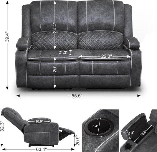 Yolsali Loveseat Recliner Sofa, Manual Reclining Loveseat with Removable Armrest, Dutch Velvet Recliner Loveseat for Adults with 2-Tier Cushions, USB Charging Ports, Cup Holders - Grey