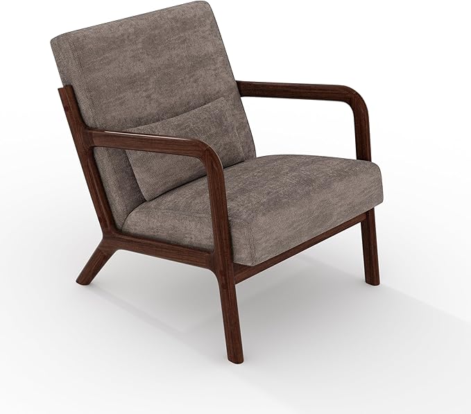 Garvee Mid-Century Modern Accent Chair, Chenille Upholstery, Solid Wood Armchair with Removable Lumbar Pillow, Sturdy Reading Chair for Living Room, Bedroom, Guest Room, Easy Assembly, Brown