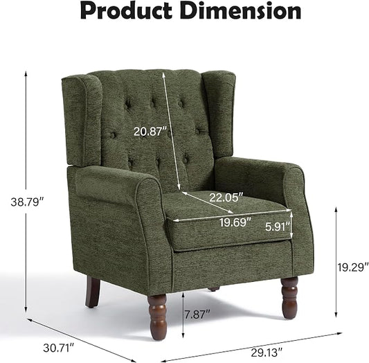 Mid-Century Modern 2-Piece Wingback Chair Set - Plush Upholstered Accent Chairs with Solid Wood Legs, High Back Lounge Seating for Living Room, Bedroom & Office - Retro Matched Pair (Dark Green)
