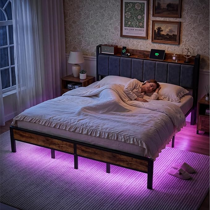 King Size Bed Frame with LED Lights and Charging Station, King Bed Frame with Storage Headboard, Metal Platform Bed with Wood Headboard, Noise Free, No Box Spring Needed, Easy Assembly