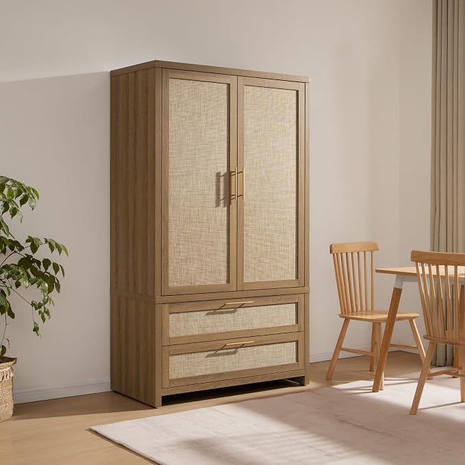SICOTAS Armoire Wardrobe Closet, Larger Rattan Armoires Wardrobe Cabinet with 2 Drawers and Hanging Rod, Tall Closet Storage Cabinet for Cloak Room, Laundry Room, Bedroom, Oak (3 Pieces)