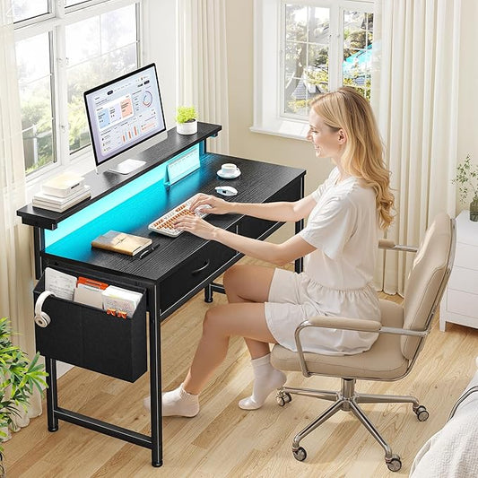 DurayLoly Gaming Desk with LED Lights & 2 Fabric Drawers, 39.4Inch Home Office Computer Desk with Side Pocket & Ergonomic Monitor Stand, Small Space Study Writing Table with Anti-Tip Design,Black
