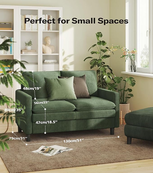 Welzona 3-Layers Cloud Loveseat Sofa, 51" Corduroy Small Couch for Living Room, Bedroom - Tool-Free Assembly Small Sofa - Green - Futon Couch - Removable Washable Covers - 650lbs Capacity