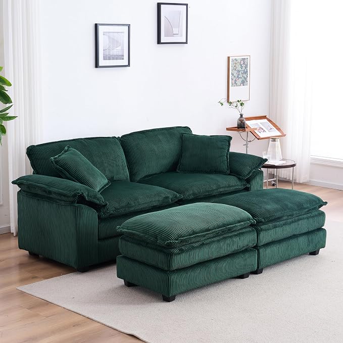 84.6” Corduroy Loveseat with Ottoman, Oversized Double Chaise Lounge Chair Indoor Deep Seat Two Seater Couch Cloud Couch Modular Sectional Sofa for Living Room(Corduroy Green)