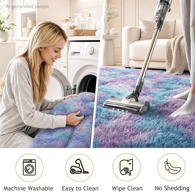Ophanie Rainbow Purple Rug for Bedroom Girls,Unicorn Colorful Mermaid Fluffy Soft Cute Fuzzy Area Rugs,Shag Plush Shaggy 4x6 Furry Carpet for Kids Baby Teen Dorm Decor with Over 99 pcs Pile fibers