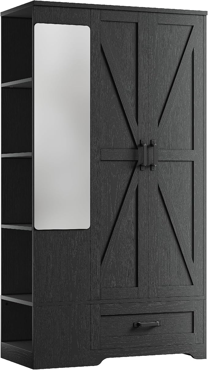 LIKIMIO Armoire Wardrobe Closet 70 Inches, Large Storage with Mirror, 2 Doors, Drawer, and Shelves, Modern Bedroom Freestanding Wooden Wardrobe Combination with Hanging Rail, Black