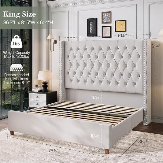 Jocisland King Bed Frame 61.4" Tall Headboard Velvet upholstered,Cream | Full Back Support Wingback Headboard,Deep Button Tufted Hand-crafted Pleats,Squeak-Free Sleep,Solid Wood Legs,Easy Assembly