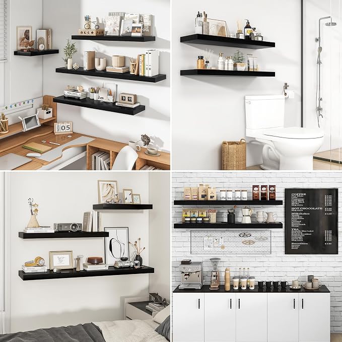 RICHFOCUS 40Inch Floating Shelves for Wall 2 Pack Shelves for Bedroom|Kitchen|Bathroom Wall Mounted Rustic Wood Floating Shelf with Invisible Brackets for Books|Storage|Decor, Black