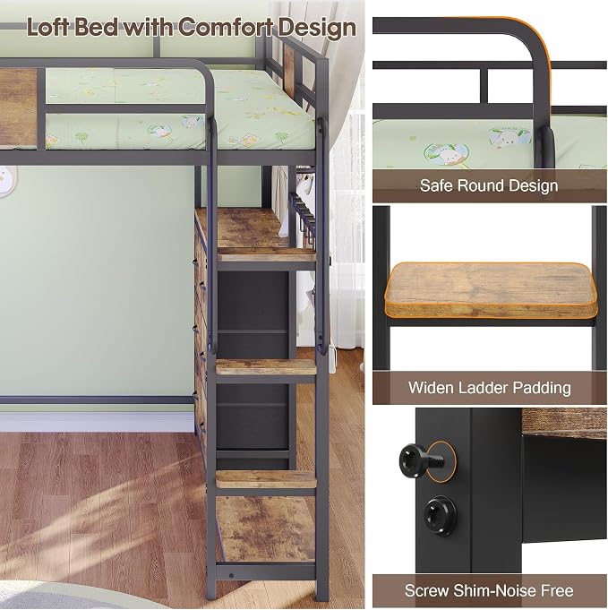 Dnxao Full Size Loft Bed with Desk, Heavy Duty Metal Bed Frame for Teens Adults, 6 Storage Drawers, Power Outlet with Type-C, LED Lights, Integrated Study Workstation for Small Room, Rustic Brown