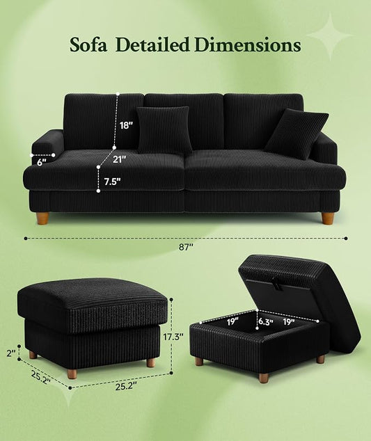 Welzona 87.2" Couches for Living Room, Comfy L Shaped Couch Black 7.5" Thicker Cushion, Sofas for Living Room Tool-Free Setup, Loveseat with Ottoman 848lbs Support, Corduroy Couch for Bedroom, Office