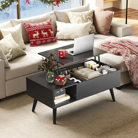 WLIVE Coffee Table for Living Room, Lift Top Coffee Table with Storage, Small Rising Wooden Dining Center Table with Storage Shelf & Hidden Compartment, 39" Black