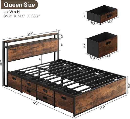 LIKIMIO Queen Bed Frame with 12 Fabric Storage Drawers, Industrial Platform Bed Frame with Headboard, No Box Spring Needed, Sturdy Metal Slat Support, Rustic Brown, Noise-Free, Easy Assembly