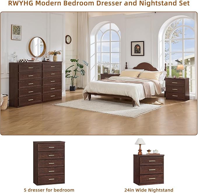 RWYHG Dresser for Bedroom with 5 Drawers 45" Tall Wood Closet Organizer with Metal Handle Furniture for Living Room Hallway Walnut