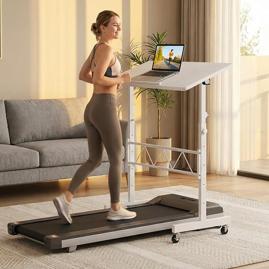 GTPLAYER Small Standing Desk Adjustable Height, 30.7"-46.4" Portable Computer Table Mobile Desk Workstation Stand Up Desk with Wheels Compact Rolling Table for Home Work Treadmill Walking Pad White