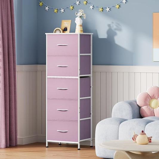 WLIVE Fabric Dresser for Bedroom, 5-Drawer Tall Dressers, Storage Organizer with Fabric Bins, Wood Top, Sturdy Steel Frame, Chest of Drawers for Closet, Hallway, Cloudy Pink