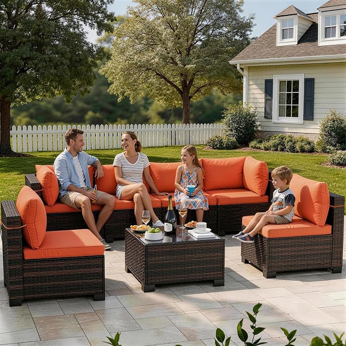 LAFWELL 7 Pieces Outdoor Patio Furniture Sets,Rattan Conversation Sectional Set,Manual Weaving Wicker Patio Sofa with Tea Table