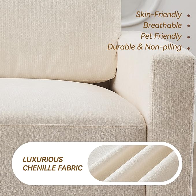 44.2" Chenille Oversized Chair with Movable Ottoman, Modular 1 Seat Couch with Thickened Cushions, Modern Single Sofa Chaise Lounge Reading Chair for Living Room, Small Apartment, White