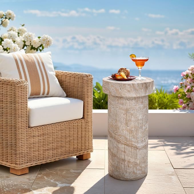 Side Table, 24" Travertine Pedestal End Table, 3-in-1 Durable Lightweight Outdoor Round Coffee Table, Decorative Patio Accent Table Fluted Garden Stool Art Decor for Balcony, Living Room, Beige