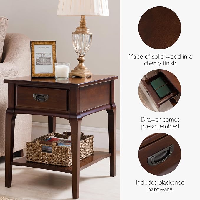 Stratus Solid Wood End Table with Shelf and Drawer, Heartwood Cherry Brown, Perfect for Living Rooms, Bedrooms, and Small Spaces – Leick Home, 22007