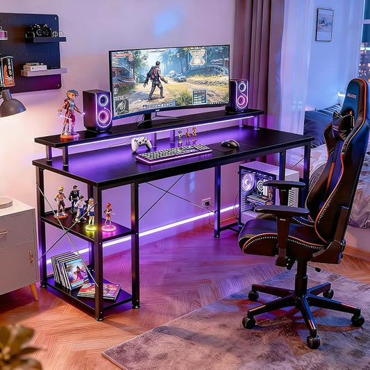 ODK 55 inch Gaming Desk with LED Lights & Power Outlets, Computer Desk with Monitor Stand & Storage Shelves, CPU Stand, Home Office Desk, Black