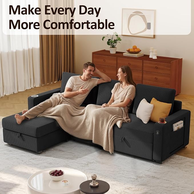 Ball & Cast 80" Sectional Sleeper Sofa Bed Pull Out Couches for Living Room | L Shaped Convertible Pull Out Sofa Bed with Storage Chaise, Foldable Table, USB Port, Cup Holder, Side Pocket for Small Space