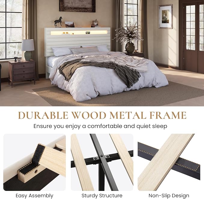 SHA CERLIN King Bed Frame with LED Light & 2-Tier Storage Shelf, Velvet Upholstered Adjustable Headboard with Charing Station, Horizontal Channel Tufted, No Box Spring Needed, Easy Assembly, Cream