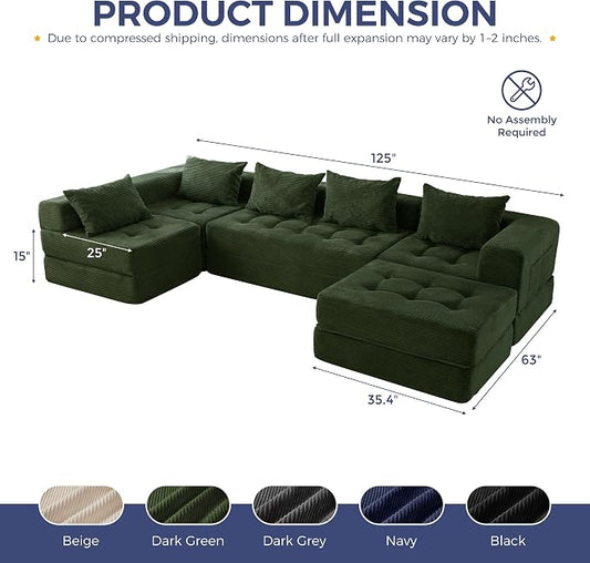 MAXYOYO Modular Sectional Sofa Couch, Foldable U Shaped Cloud Couch with Pillows, Tufted 6-Seat Boneless Sofa Lounger for Living Room, No Assembly Required, Dark Green