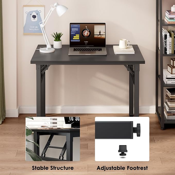 Need 35.8 Inch Folding Desk for Small Spaces, Home Office Computer Desk with Wood Top & Black Frame, Foldable Writing Table for Study, Bedroom, Dorm Room & Student, Black