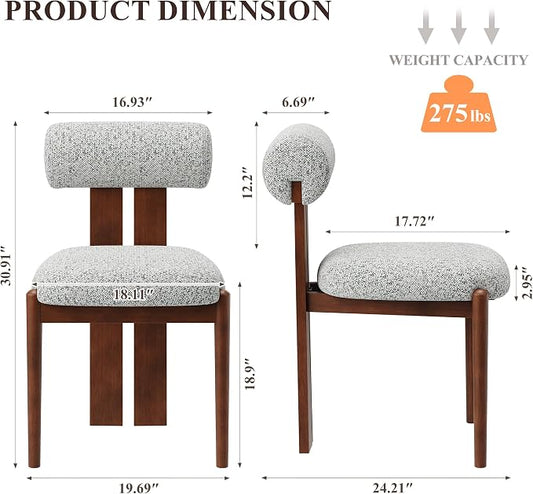 MALOL Modern Wooden Dining Chairs Set of 2, Upholstered Fabric Kitchen Chairs with Sculptural Backrest, Mid-Century Farmhouse Dining Room Chairs with Solid Wood Legs, Light Grey