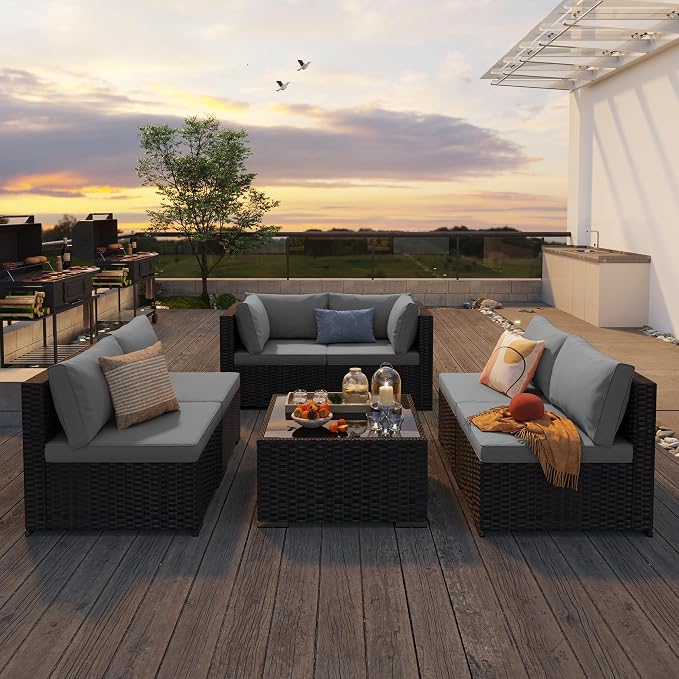 Qsun 7 Pieces Outdoor Patio Furniture Set, PE Rattan Outdoor Wicker Sectional Furniture Sofa Set, with Cushions and Glass Coffee Table, for Balcony, Porch, Garden, Grey