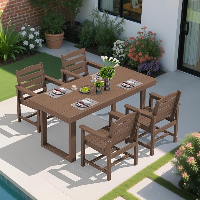 SERWALL HDPE Outdoor Dining Set for 4, 67'' Patio Table and Chairs Set | with Armchair Seat