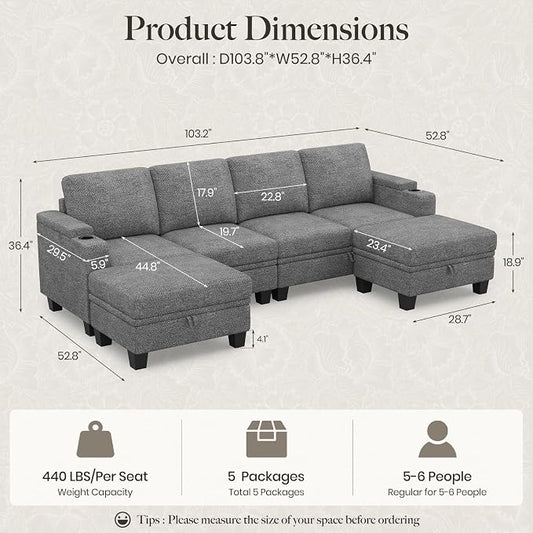 Belffin Modular Sectional Sofa Convertible U Shaped Couch with Storage Sectional Couches with Chaise for Living Room Light Grey