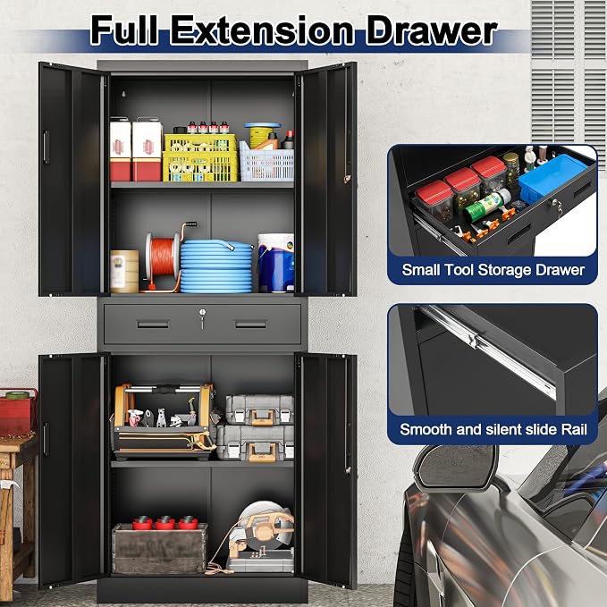 BESFUR Metal Garage Storage Cabinet with a Drawer Locking Doors and 2 Adjustable Shelves, Black Tall Storage Cabinets, Tool File Lockable Cabinet for Garage Office Warehouse Shop(71”H)