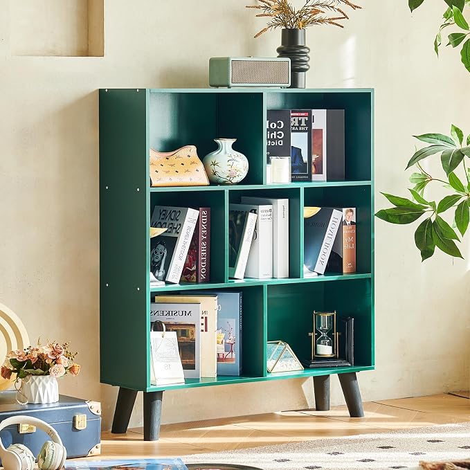 LEYAOYAO Cube Bookshelf 3 Tier Mid-Century Dark Green Modern Bookcase with Legs,Retro Wood Bookshelves Storage Organizer Shelf,Freestanding Open Book Shelves for Bedroom,Living Room,Office