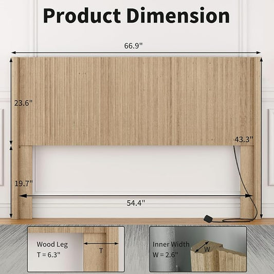 Queen Size Headboard Only, Modern Fluted Wall-Mounted Head Board with Lighting, Boho Wood Bed headboard Stylish Bedroom Decor, Natural