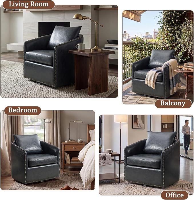 HAOMARKETS 360 Degree Swivel Accent Chair Set of 4 with Plump Back Pillow, Waterproof Oil Waxed PU Leather Swivel Armchair with Rivets, Comfy Vintage Round Barrel Chair for Living Room
